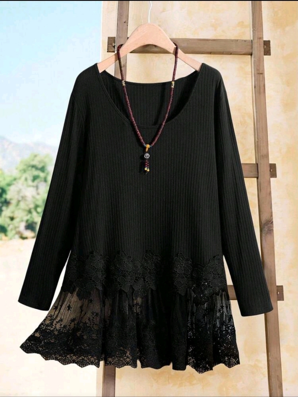 Black Tunic Lace-Hem Long Sleeve Top